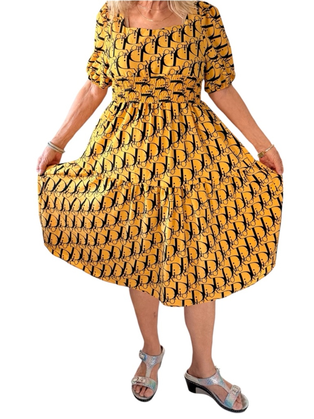 Midi length dress square neck line, mustard yellow & black Dior print fabric - Picture 11 of 15